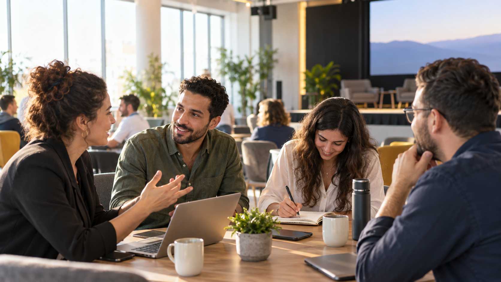 צוות עובדים בשיחה משותפת לאחר הרצאה מעוררת השראה